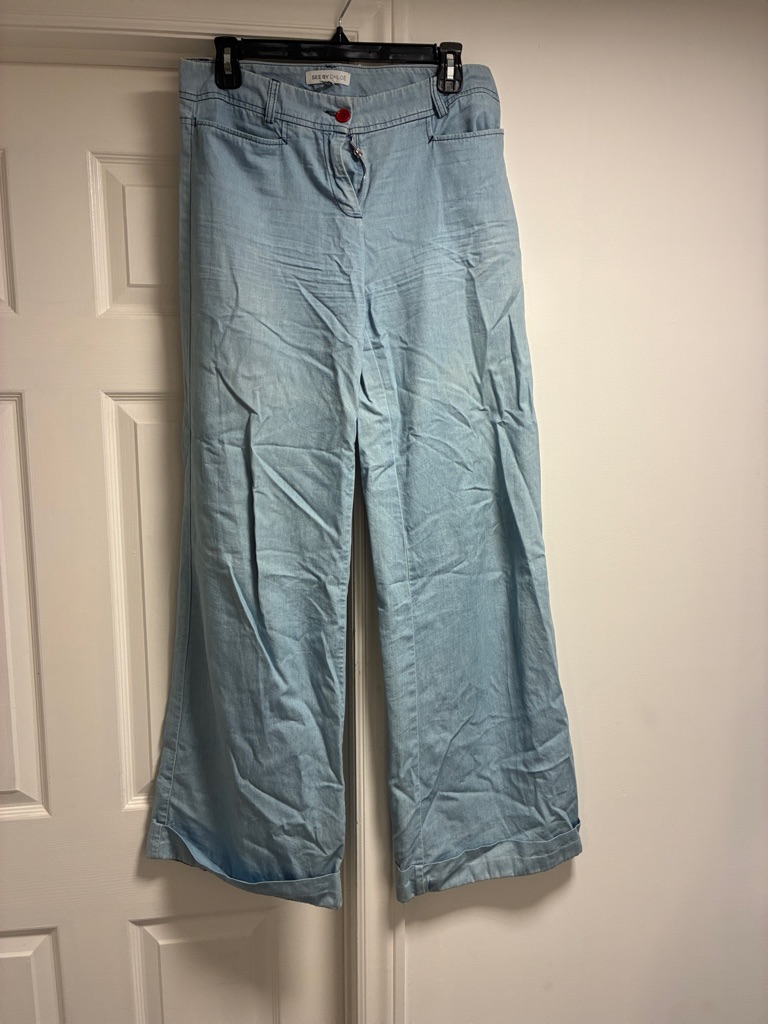 See By Chlo Light Blue Denim Pants With Red Logo Button